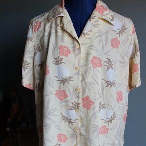 Lizgolf By Liz Claiborne Women's Beige Floral Short Sleeve Silk Button Up Top ~M